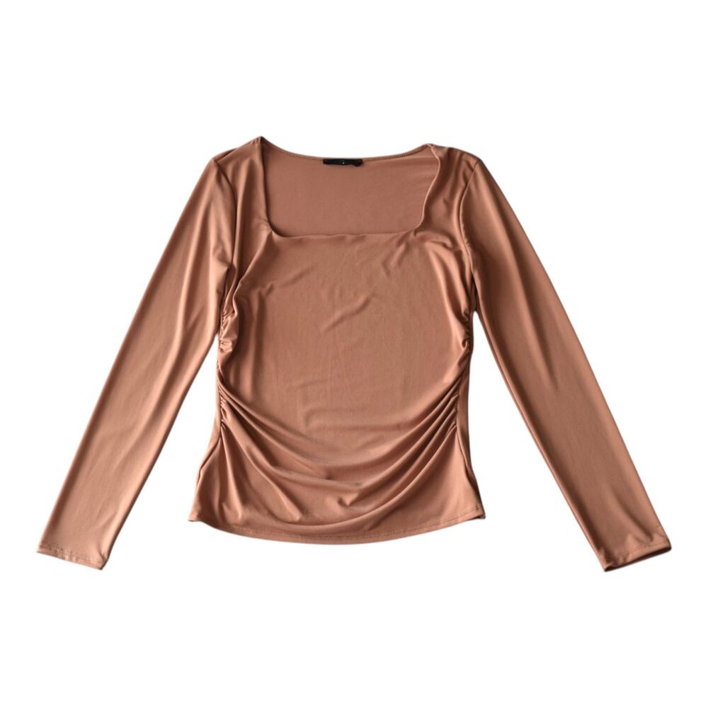 21 Saints Tan Brown Ruched Square Neck Long Sleeve Top – Size Large